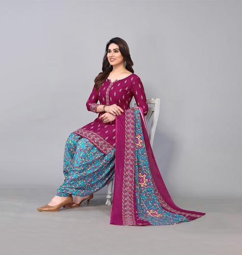 Magenta & Blue Printed Unstitched Dress Material